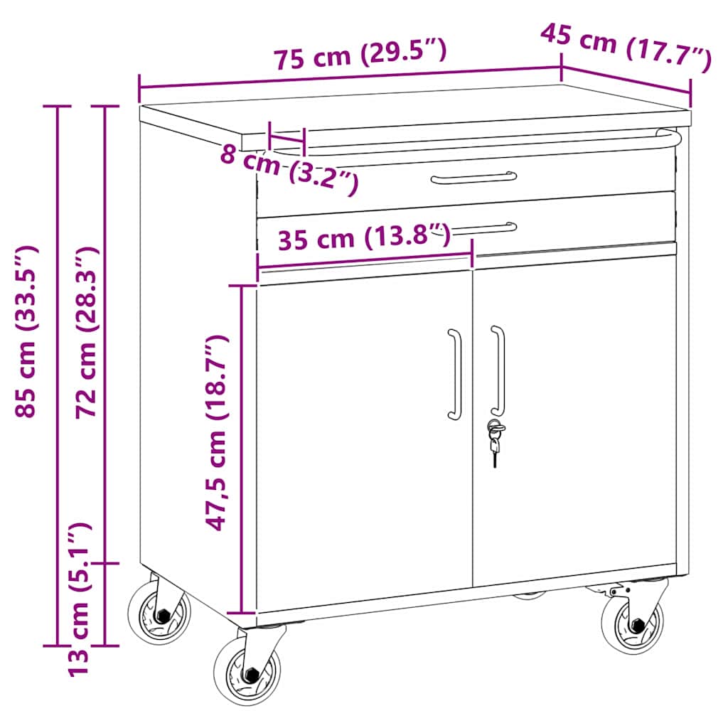 Rollbare Werkbank 75 cm mit 2 Schubladen – Rot/Grau – Ansicht 10