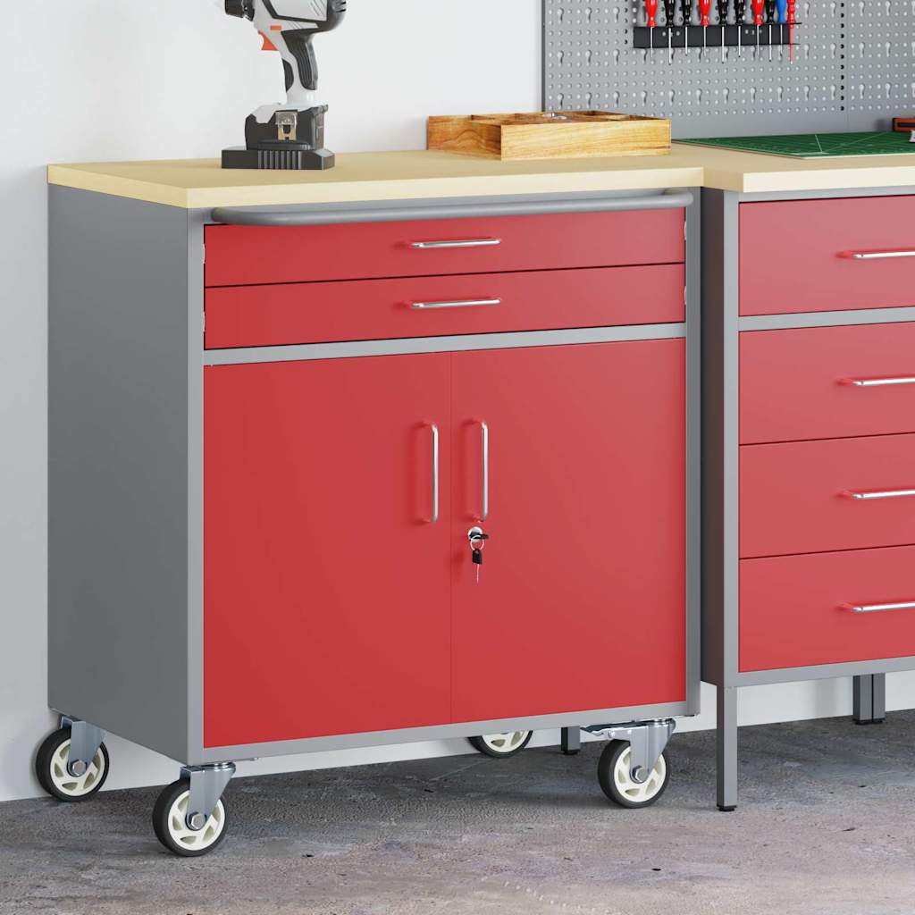 Rollbare Werkbank 75 cm mit 2 Schubladen – Rot/Grau – Ansicht 3
