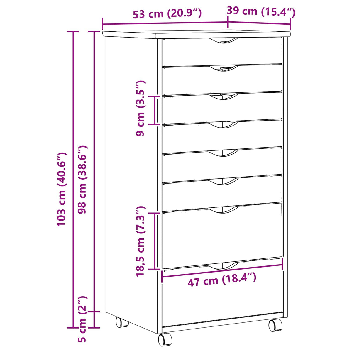 Rollcontainer MOSS 53 × 39 × 103 cm – Klarlack – Ansicht 10
