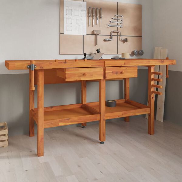 Massivholz-Werkbank 192 cm mit Schubladen & Schraubstöcken